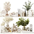 Elegant Decorative Ornament Set With Vases Dried Flowers Green Plants Candles Clock And Diffusers