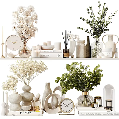 Elegant Decorative Ornament Set With Vases Dried Flowers Green Plants Candles Clock And Diffusers 3d model