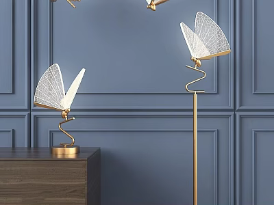 Elegant Modern Lighting Combination Table Floor Lamps Golden Base Fan Shaped Shades Blue Wall 3d model