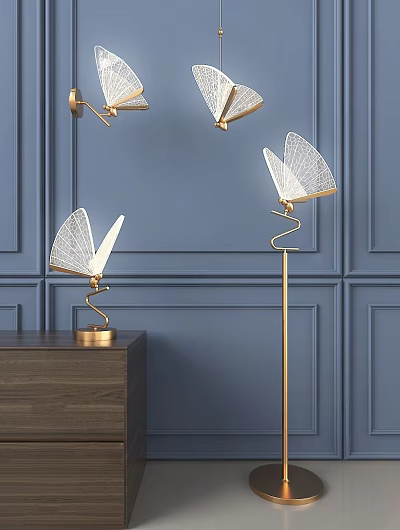 Elegant Modern Lighting Combination Table Floor Lamps Golden Base Fan Shaped Shades Blue Wall 3d model