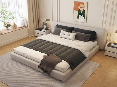 Double Bed Interior Design With Upholstered Headboard Pillows Artwork Nightstands And Plants 3d model