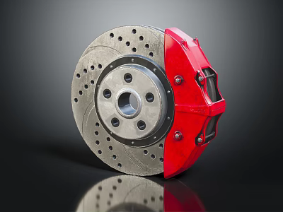 High Performance Automotive Brake Disc with Red Caliper and Silver Ventilated Design 3d model