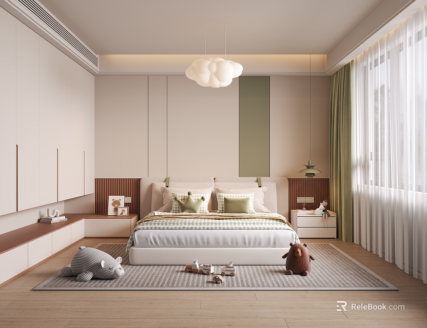 Modern Kids Room Interior With Bed Green Wall Cloud Pendant Light Rug And Toys 3d model 
