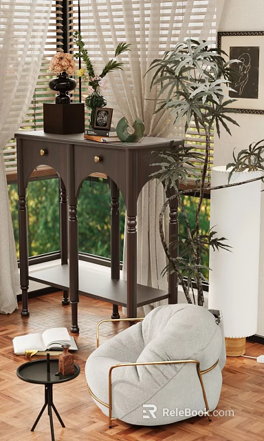 Dark Wood Entryway Cabinet Sideboard With Arched Legs Decorative Items Potted Plant And Window Curtains 3d model 