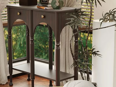 Dark Wood Entryway Cabinet Sideboard With Arched Legs Decorative Items Potted Plant And Window Curtains 3d model