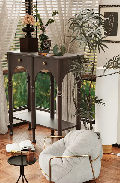 Dark Wood Entryway Cabinet Sideboard With Arched Legs Decorative Items Potted Plant And Window Curtains 3d model