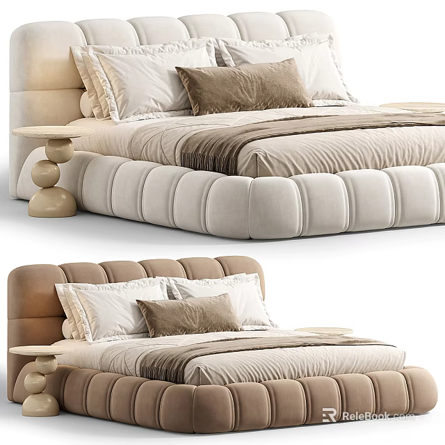Elegant Modern Background Double Bed With Upholstered Frame Beige Brown Pillows And Bedside Table 3d model 