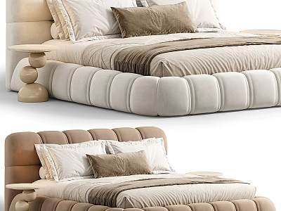 Elegant Modern Background Double Bed With Upholstered Frame Beige Brown Pillows And Bedside Table 3d model