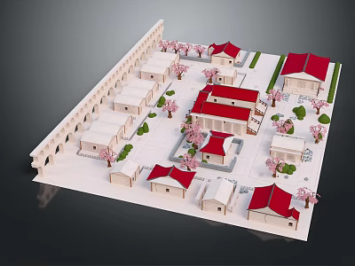 Traditional Architectural Model Featuring Red Roof Buildings Pink Trees And Courtyard Layout 3d model