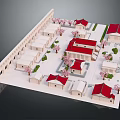 Traditional Architectural Model Featuring Red Roof Buildings Pink Trees And Courtyard Layout