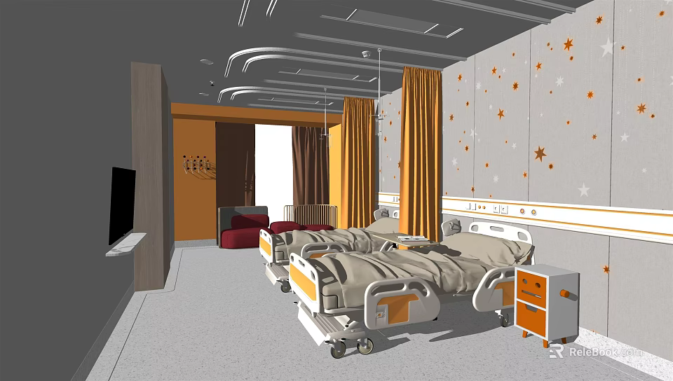 Hospital Room Interior With Two Medical Beds Orange Curtains Star Patterned Wallpaper TV And Cabinets 3d model 