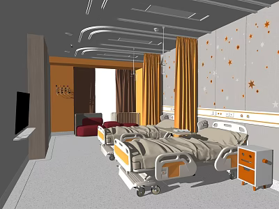 Hospital Room Interior With Two Medical Beds Orange Curtains Star Patterned Wallpaper TV And Cabinets 3d model