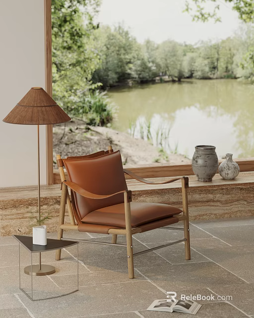 Brown Leather Leisure Chair With Wooden Frame Lakeside View And Ceramic Vases 3d model 