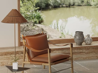 Brown Leather Leisure Chair With Wooden Frame Lakeside View And Ceramic Vases 3d model