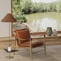 Brown Leather Leisure Chair With Wooden Frame Lakeside View And Ceramic Vases