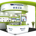 Modern PHACON Exhibition Booth With Green White Curved Design Reception Counter Display Screens And Plants