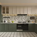 Green And White Kitchen Interior With Patterned Tile Backsplash Black And White Tiled Floor 3d model
