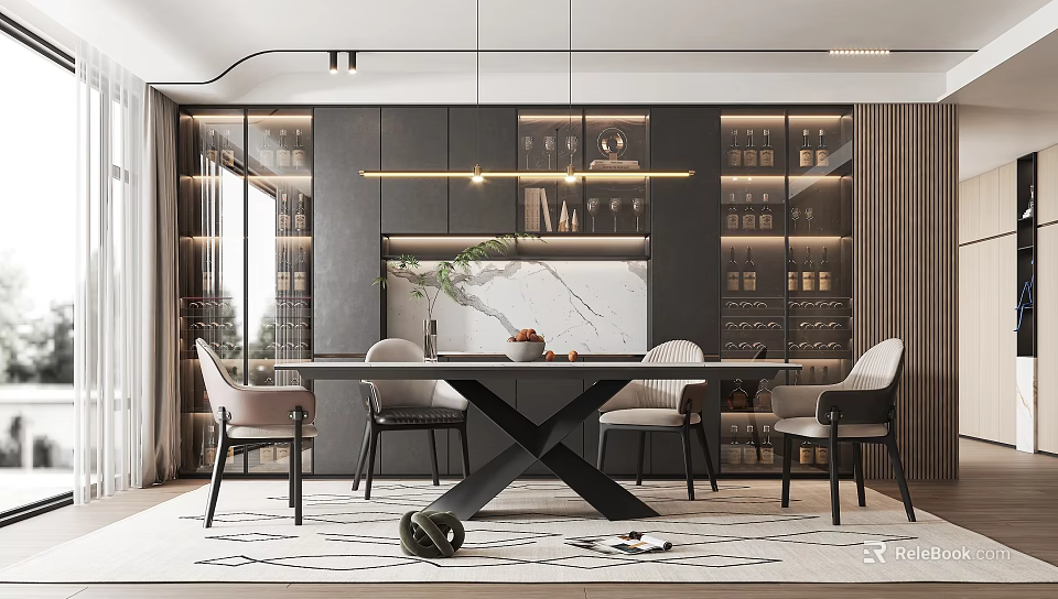 Modern Elegant Restaurant Interior Featuring Dining Table Wine Cabinets Marble Backdrop Pendant Lights And Chairs 3d model