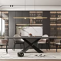 Modern Elegant Restaurant Interior Featuring Dining Table Wine Cabinets Marble Backdrop Pendant Lights And Chairs 3d model