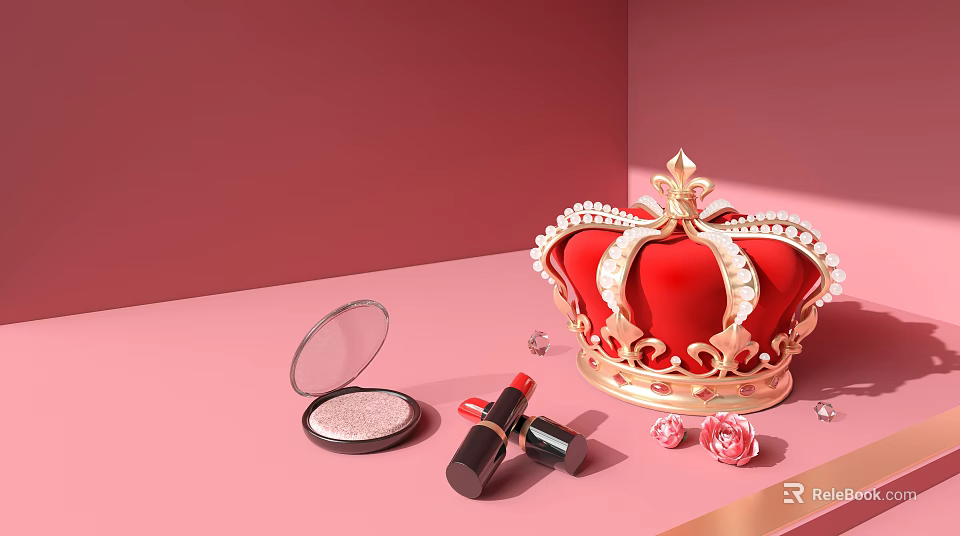 Elegant Jewelry Pieces With Red Crown Pearl Gemstones And Pink Roses On Pink Background 3d model 