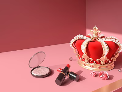 Elegant Jewelry Pieces With Red Crown Pearl Gemstones And Pink Roses On Pink Background 3d model