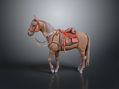 Brown Horse Model With Red Saddle And Reins Standing On Gray Background 3d model