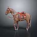Brown Horse Model With Red Saddle And Reins Standing On Gray Background 3d model