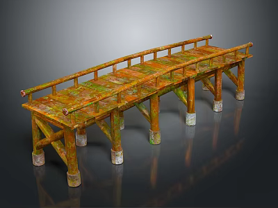Traditional Wooden Bridge Deck With Wooden Railing And Stone Supporting Piers 3d model