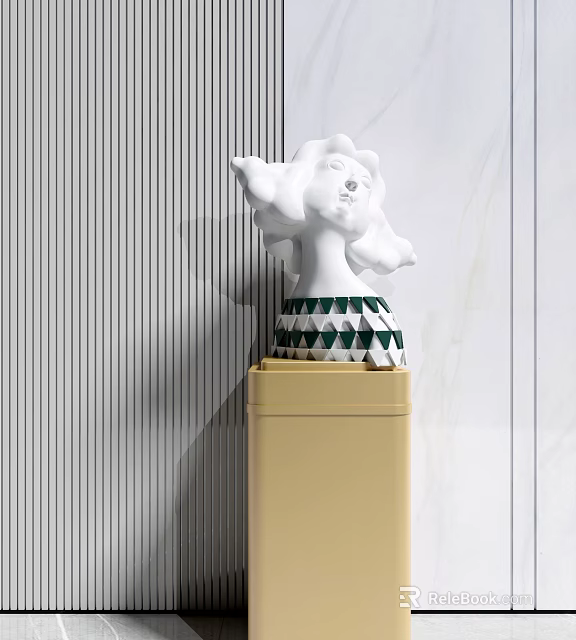 White Sculpture with Flowing Hair and Green White Diamond Accent on Beige Square Base 3d model 