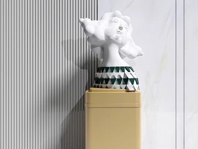 White Sculpture with Flowing Hair and Green White Diamond Accent on Beige Square Base 3d model