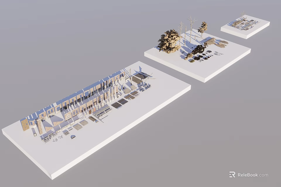 Classical Architectural Models Displayed On White Platforms With Detailed Columns And Intricate Designs 3d model 