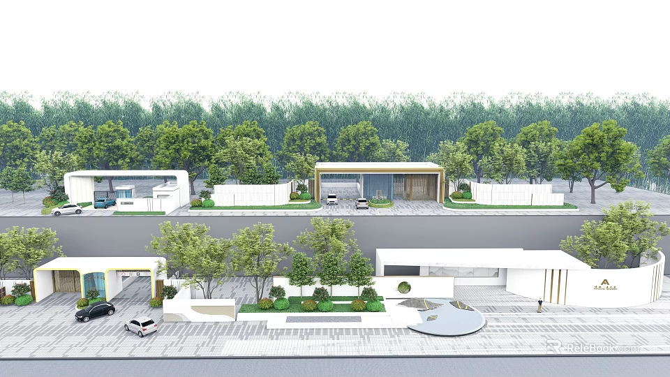 Modern Entrance Gate Design With White Wall Greenery And Car In Front 3d model 