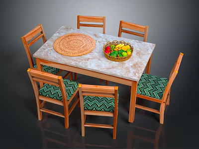 Dining Table Set With Marble Top Six Green Cushioned Chairs Woven Placemat And Fruit Bowl 3d model