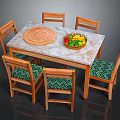 Dining Table Set With Marble Top Six Green Cushioned Chairs Woven Placemat And Fruit Bowl