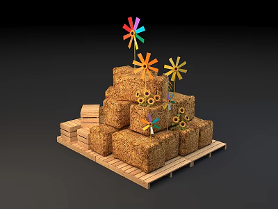 Decorative Colorful Pinwheels On Stacked Hay Bales Pyramid With Wooden Crates 3d model