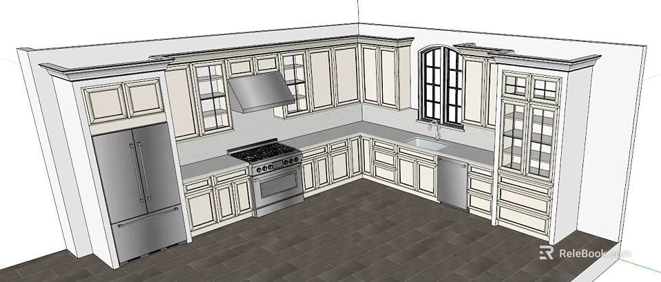 Modern White Kitchen Corner Cabinets With Window Stove And Sink 3d model 