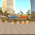 Vibrant Commercial Street Entrance with Tall Buildings Colorful Decorations Palm Trees and Vans