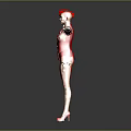 Full Body Stewardess In Red Uniform Standing With Arms Outstretched Against Dark Background