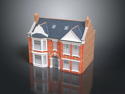 Cartoon House Scene With Red Brick Walls Black Roof White Window Frames And Small Porch 3d model