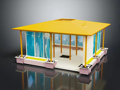 Cartoon Style Pavilion Scene With Yellow Roof Transparent Blue Windows And Pink Base 3d model