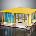 Cartoon Style Pavilion Scene With Yellow Roof Transparent Blue Windows And Pink Base