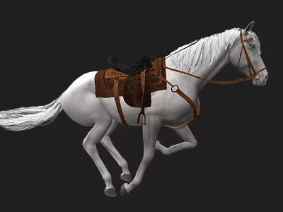 White Horse Galloping With Brown Saddle And Leather Bridle In Motion 3d model