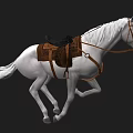 White Horse Galloping With Brown Saddle And Leather Bridle In Motion