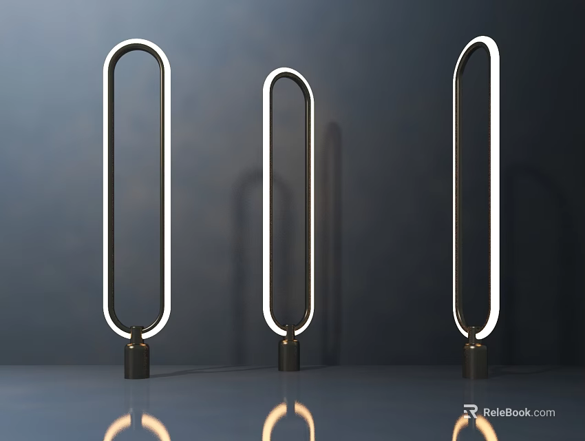 Three Modern Minimalist Floor Lamps With Sleek Curved Illuminated Tubes And Metal Base 3d model 
