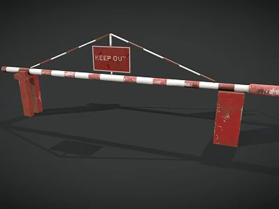 Weathered Red And White Striped Barrier With KEEP OUT Sign Supported By Red Posts 3d model