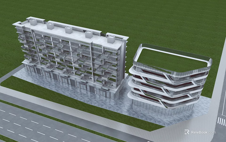 Modern Hotel Building Complex With Multi Storey Balconies Curved Structure And Green Roof 3d model 