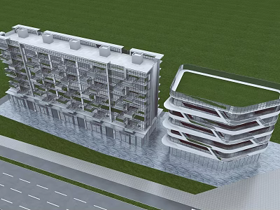 Modern Hotel Building Complex With Multi Storey Balconies Curved Structure And Green Roof 3d model