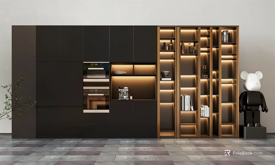 Elegant Modern Decorative Cabinet Featuring Black Gold Finish Open Storage Display And LED Lighting Strips 3d model 