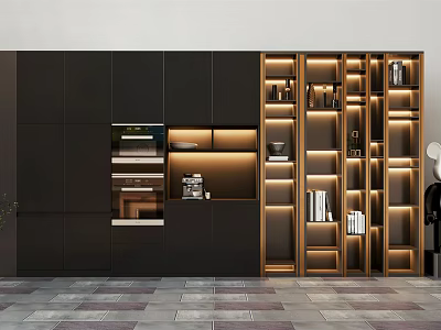 Elegant Modern Decorative Cabinet Featuring Black Gold Finish Open Storage Display And LED Lighting Strips 3d model