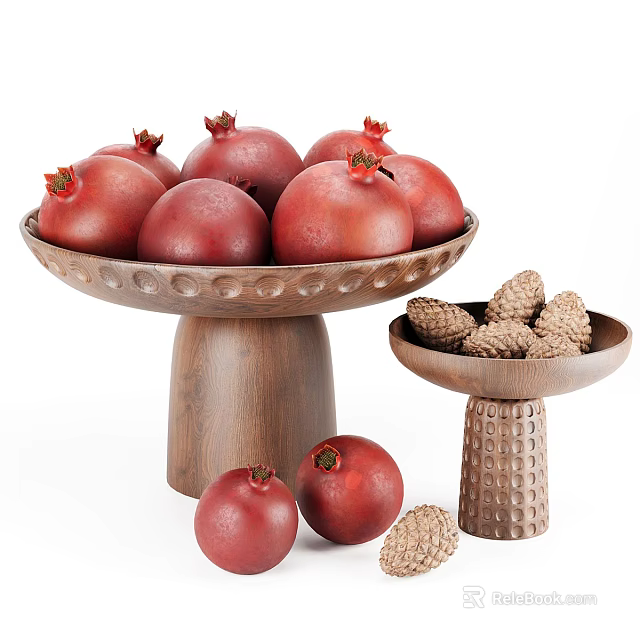 Ripe Fresh Pomegranates in Wooden Tray with Pine Cones and Scattered Fruits 3d model 